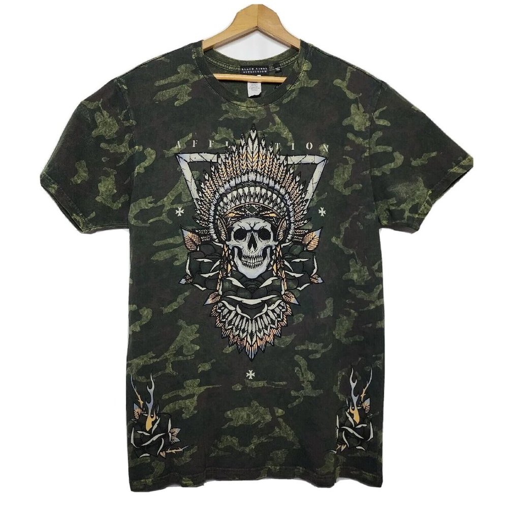 AFFICTION BLACK LABEL Premium T shirt - Native Skull Headress - Men's Large
